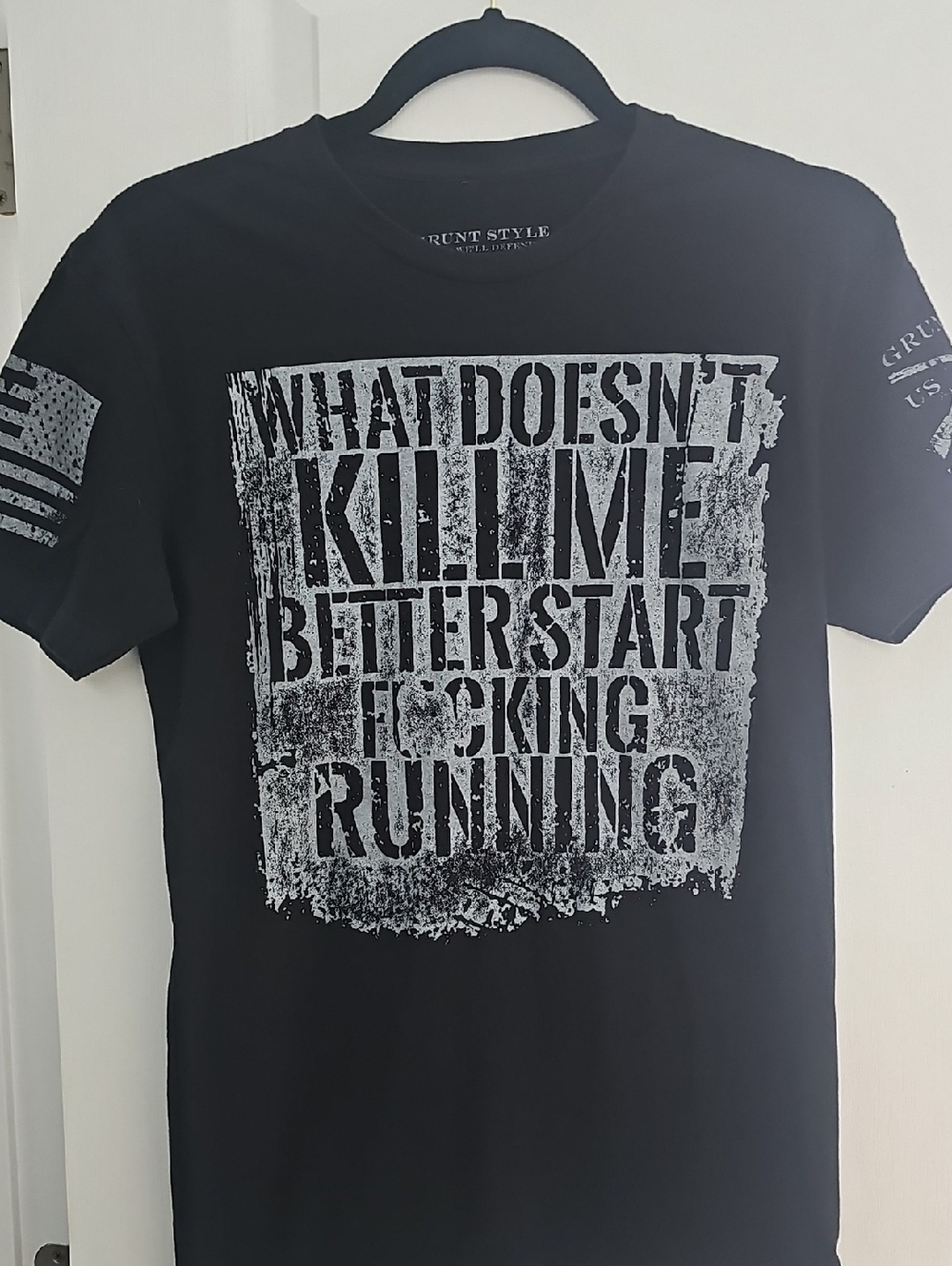 Grunt Style Black Tee with Distressed White Text Graphic